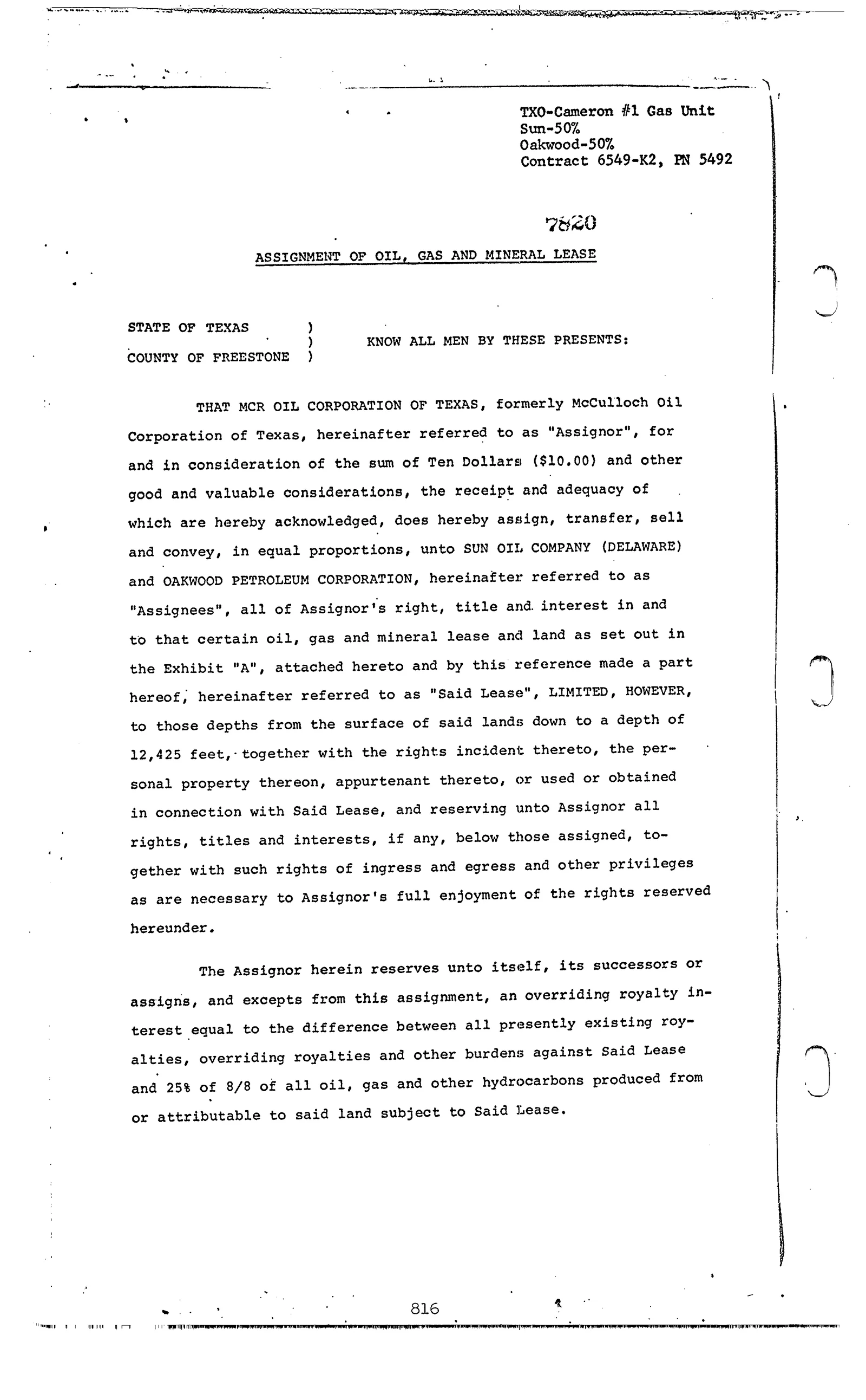 Mcr Oil Corp Texas - Recorded Asgmt Of Lease (Vol. 574, Page 816)